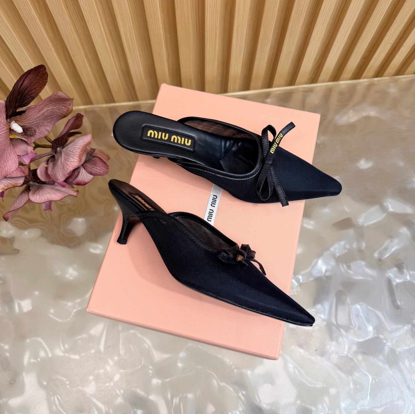 Miu Mules Pointed-Toe High Heels 55 Black in Mesh 749066