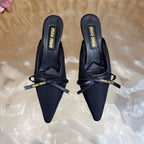 Miu Mules Pointed-Toe High Heels 55 Black in Mesh 749066