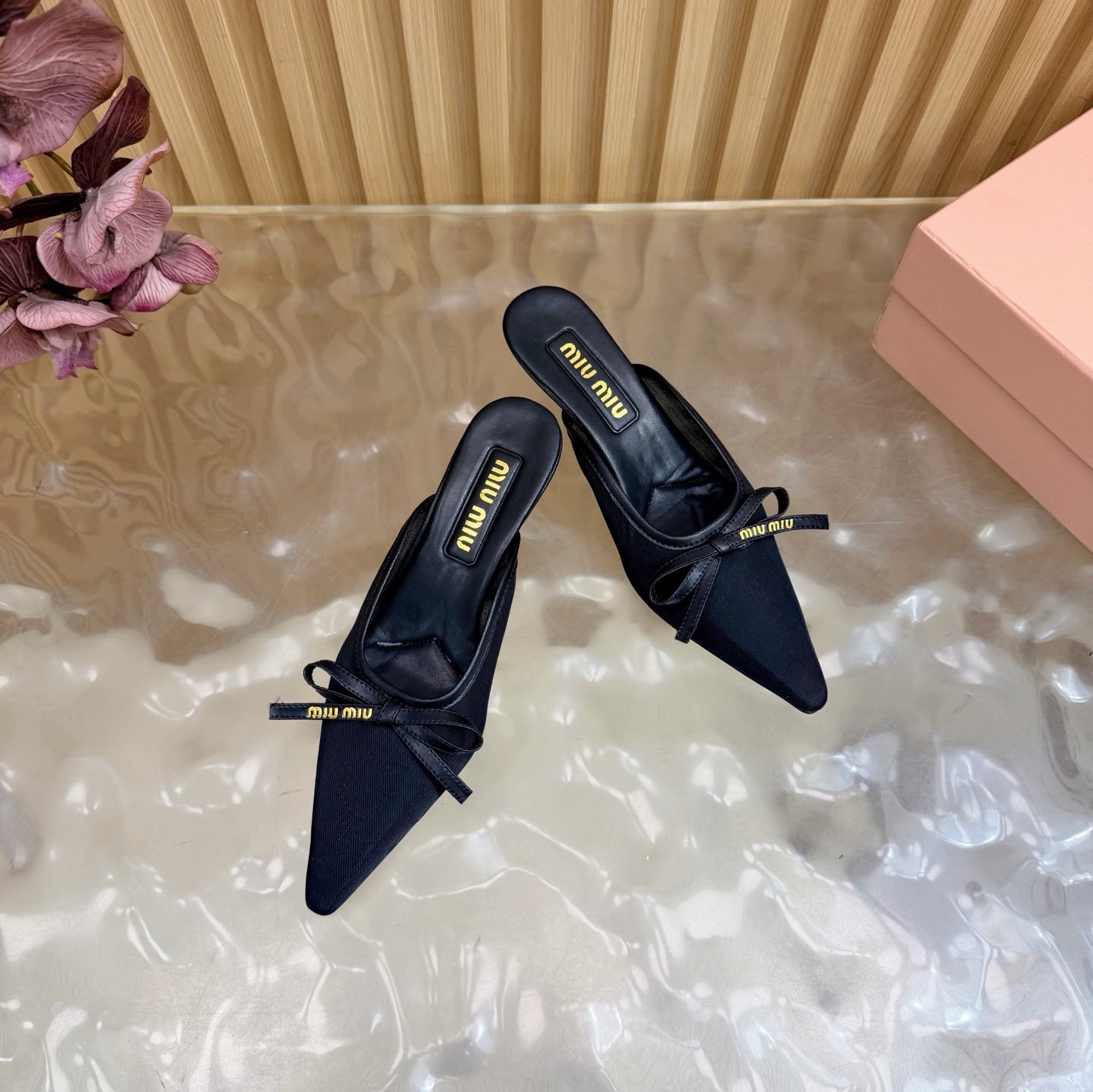 Miu Mules Pointed-Toe High Heels 55 Black in Mesh 749066