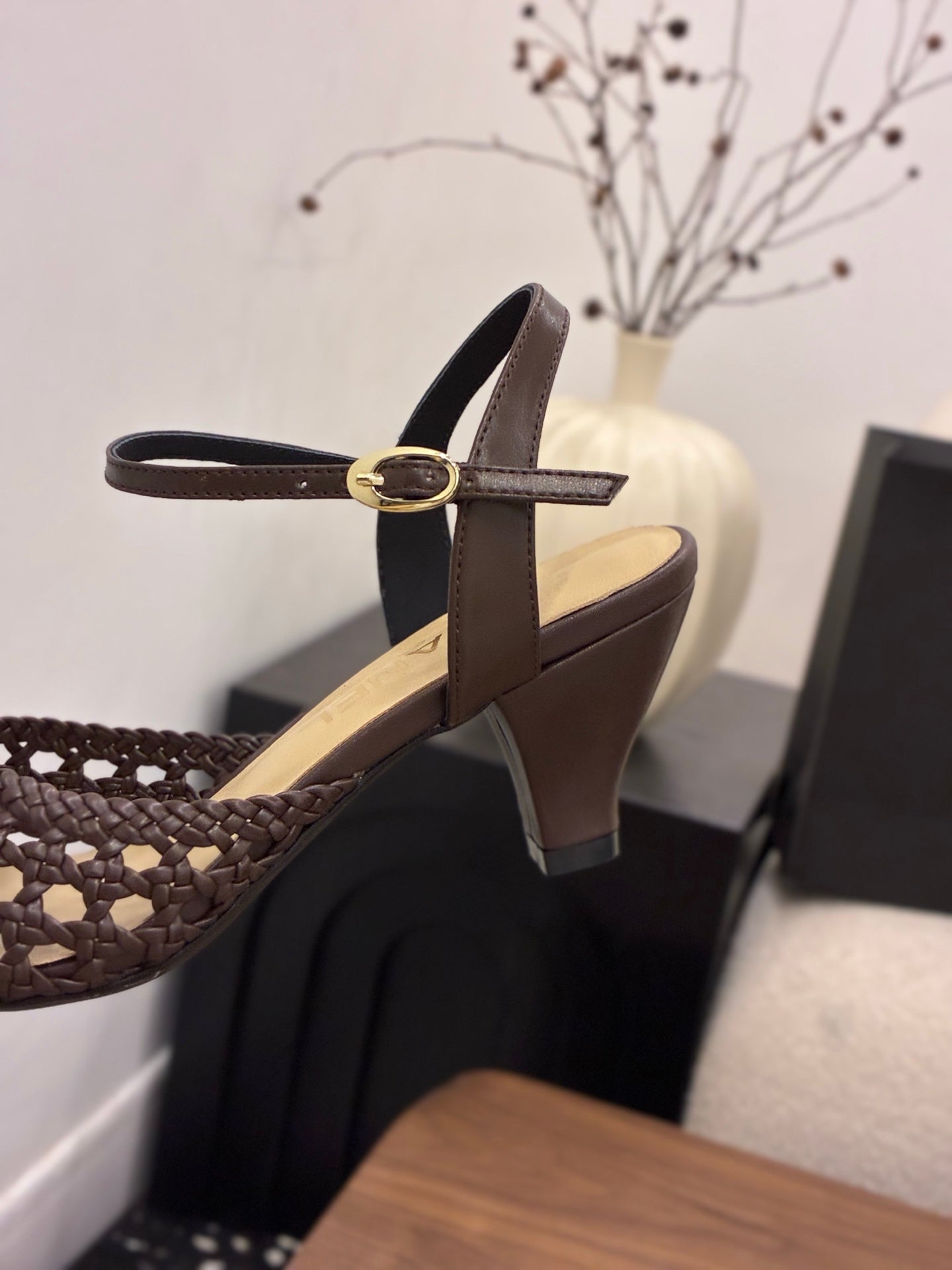 CC Ankle-strap Heeled 60 Dark Brown in Woven 747969