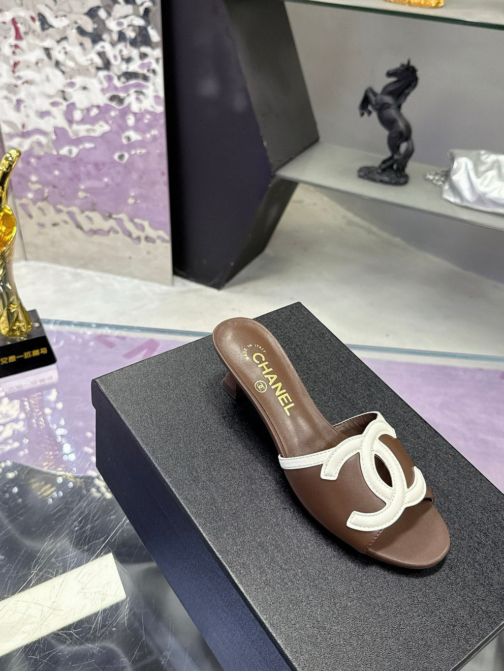 CC Double C Logo Kitten Heel 25mm Sandals Brown in Leather 757851