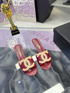 CC Double C Logo Kitten Heel 25mm Sandals Burgundy in Leather 757852
