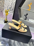 CC Double C Logo Kitten Heel 25mm Sandals Beige in Leather 757853