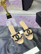 CC Double C Logo Kitten Heel 25mm Sandals Beige in Leather 757853