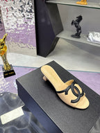 CC Double C Logo Kitten Heel 25mm Sandals Beige in Leather 757853