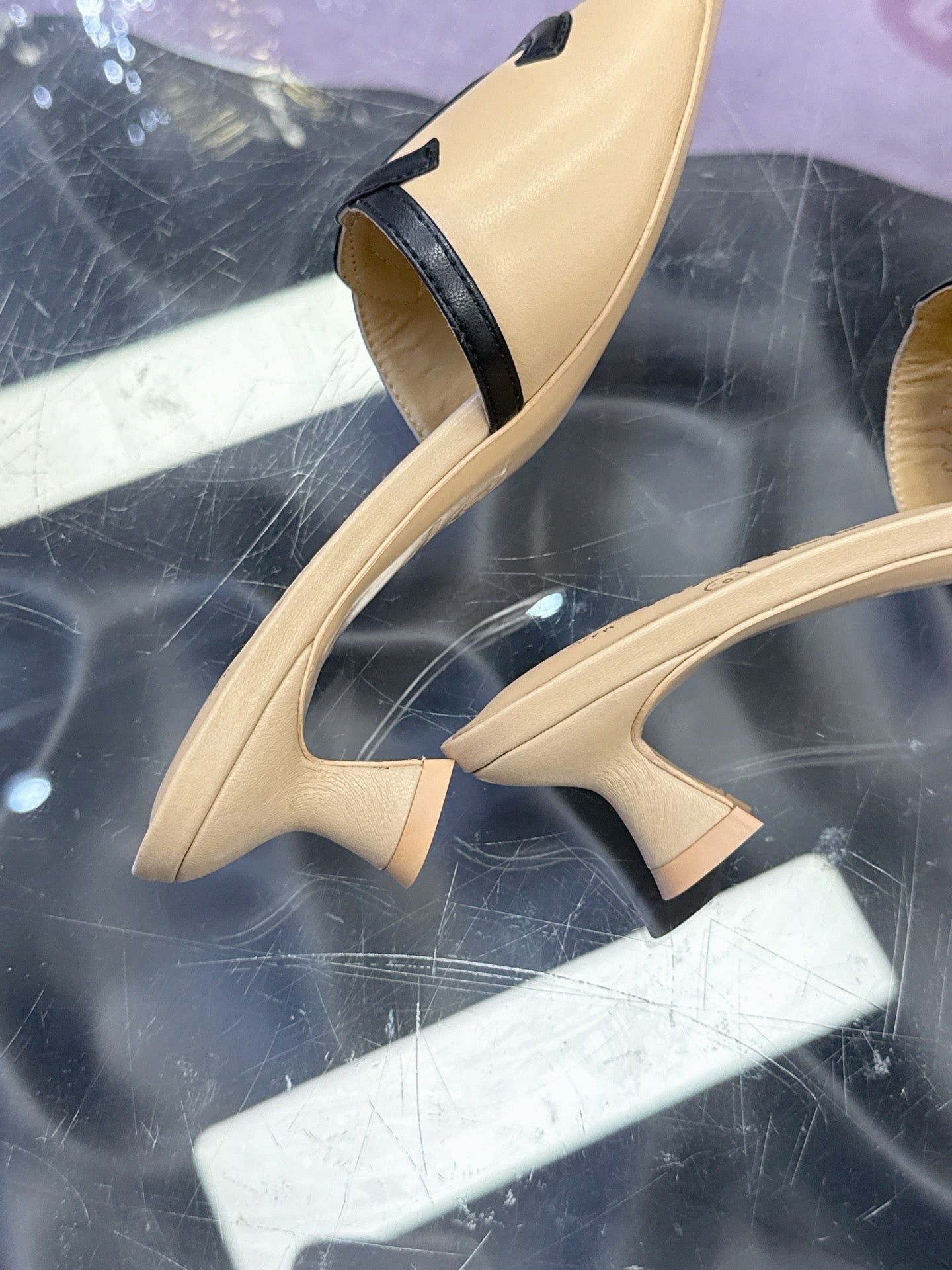 CC Double C Logo Kitten Heel 25mm Sandals Beige in Leather 757853