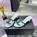 CC Double C Logo Kitten Heel 25mm Sandals Baby Blue in Leather 757854