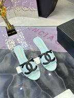 CC Double C Logo Kitten Heel 25mm Sandals Baby Blue in Leather 757854