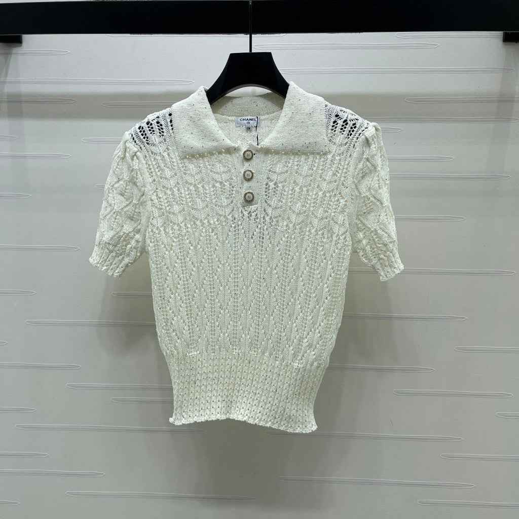 CC 26 Openwork Knit Short-Sleeve Top White in Wool Knitwear 380814
