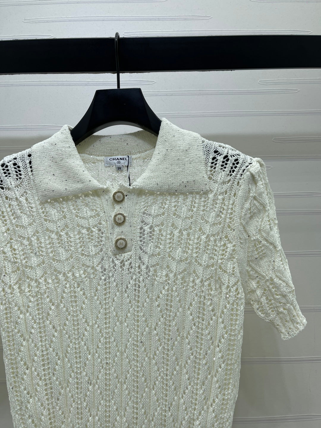 CC 26 Openwork Knit Short-Sleeve Top White in Wool Knitwear 380814