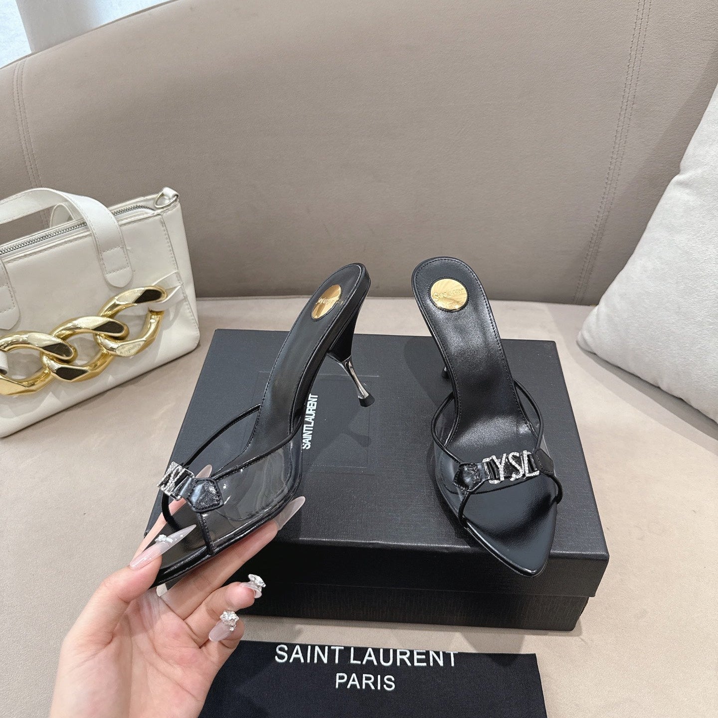 YSL High-heels 80mm Transparent Sandals Black in Leather 771714