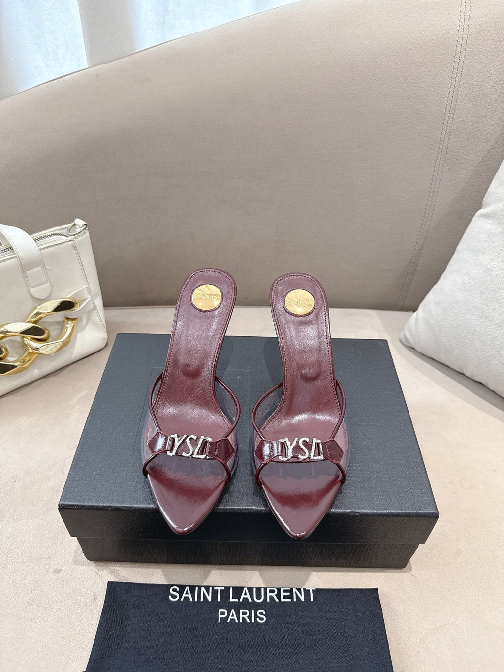 YSL High-heels 80mm Transparent Sandals Burgundy in Leather 771713