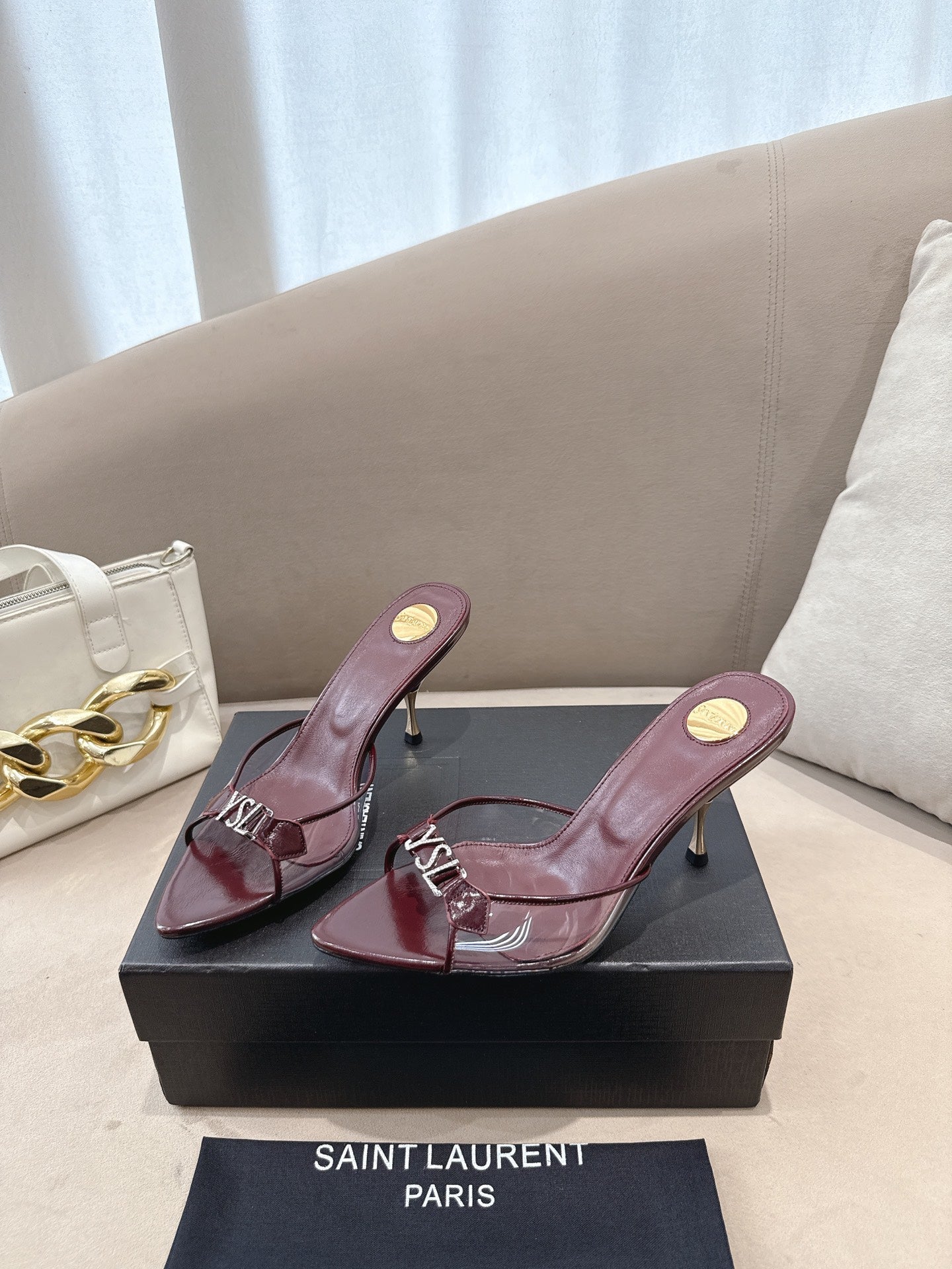YSL High-heels 80mm Transparent Sandals Burgundy in Leather 771713