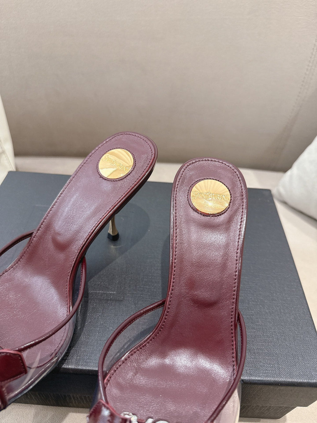 YSL High-heels 80mm Transparent Sandals Burgundy in Leather 771713