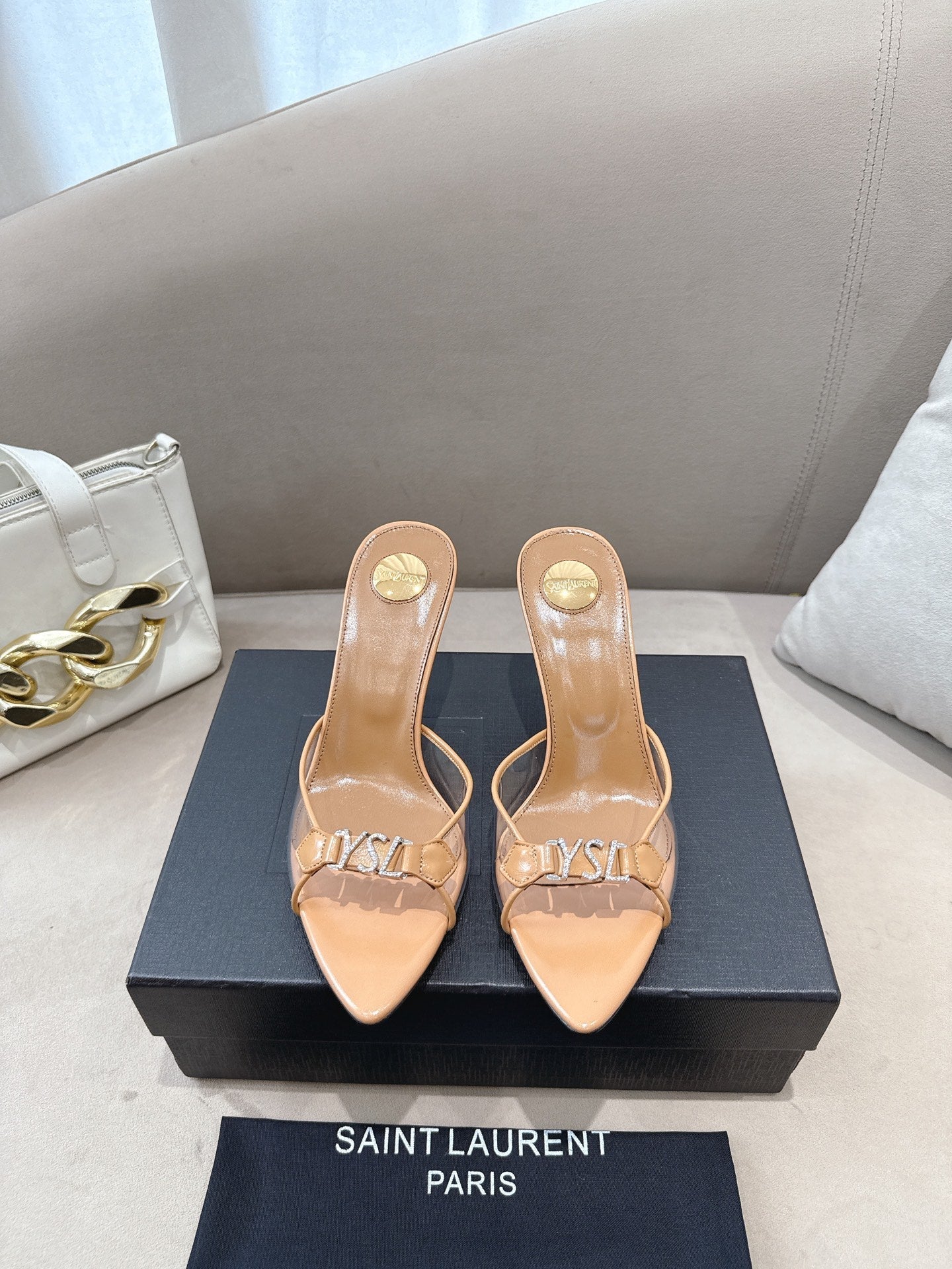 YSL High-heels 80mm Transparent Sandals Beige in Leather 771712