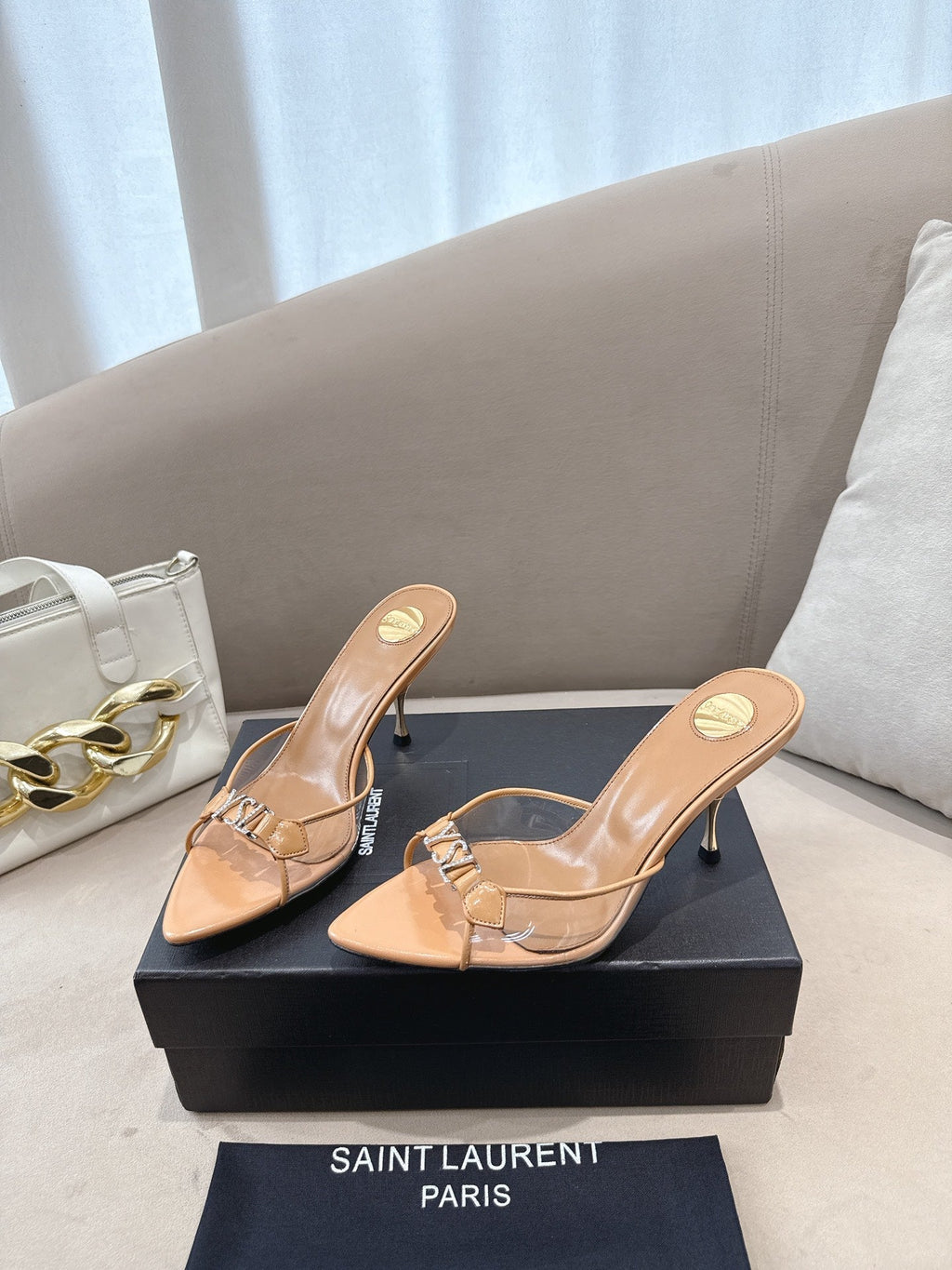 YSL High-heels 80mm Transparent Sandals Beige in Leather 771712