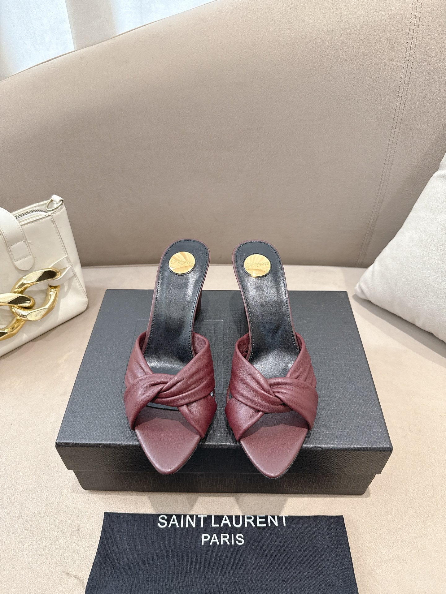 YSL Sandal Heel 75mm Burgundy in Lambskin 771709