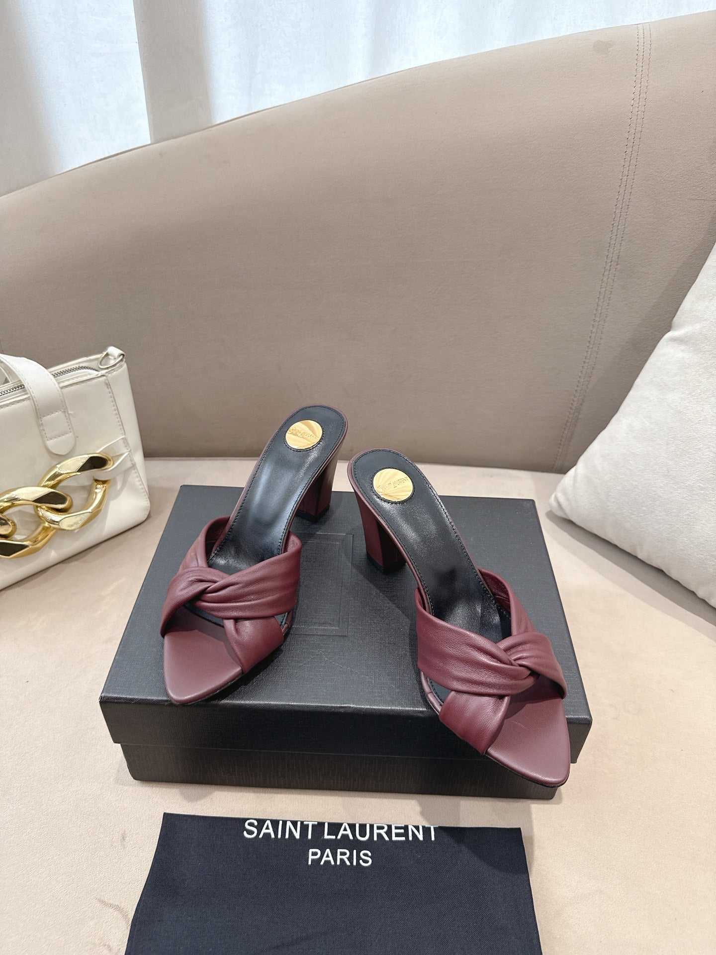 YSL Sandal Heel 75mm Burgundy in Lambskin 771709