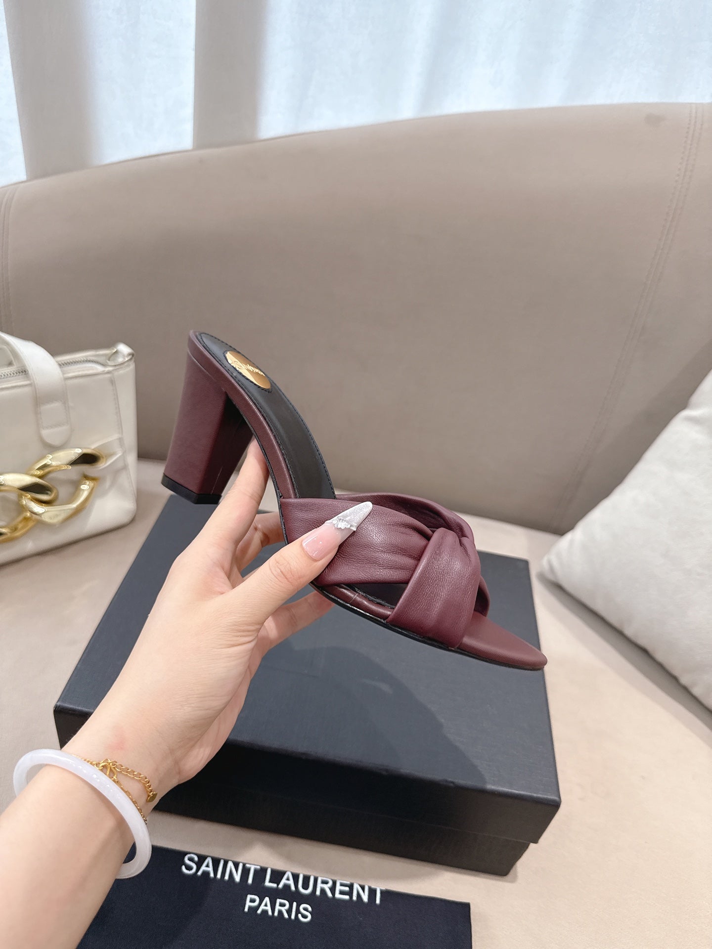 YSL Sandal Heel 75mm Burgundy in Lambskin 771709