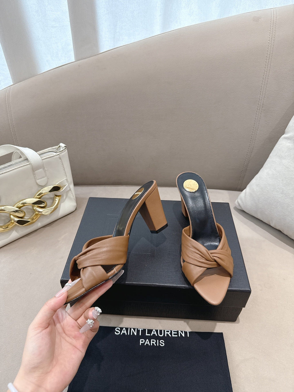 YSL Sandal Heel 75mm Light Brown in Lambskin 771708