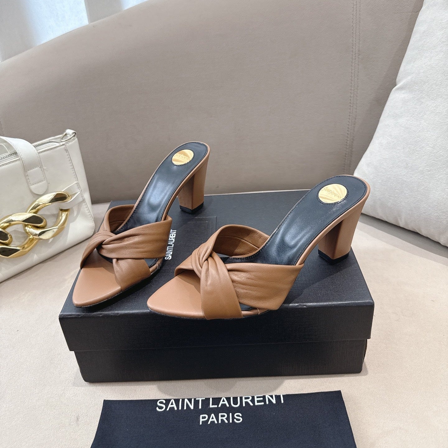 YSL Sandal Heel 75mm Light Brown in Lambskin 771708