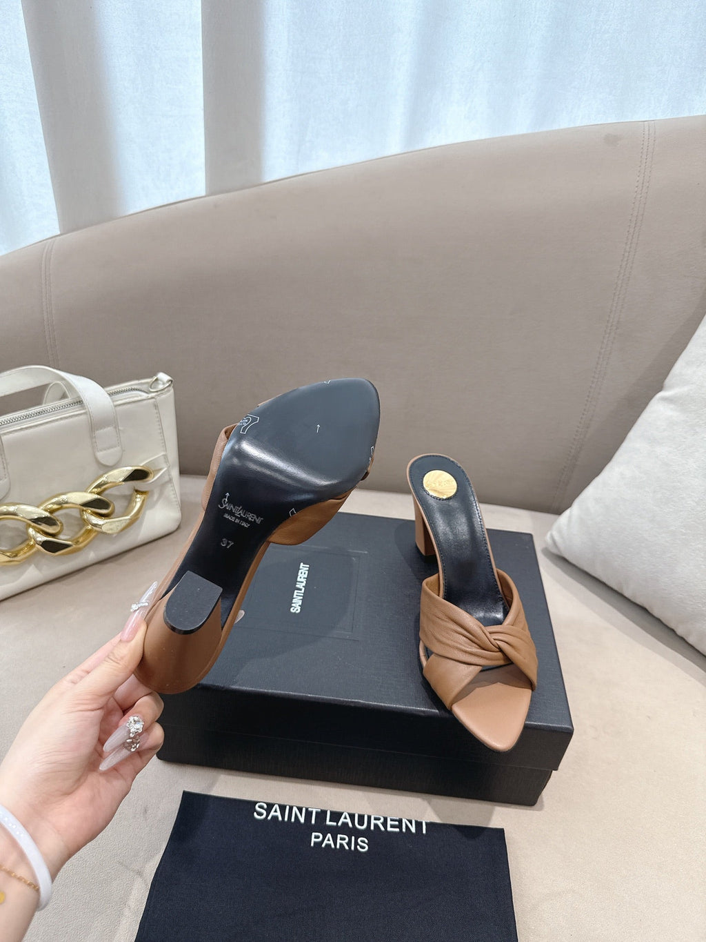 YSL Sandal Heel 75mm Light Brown in Lambskin 771708