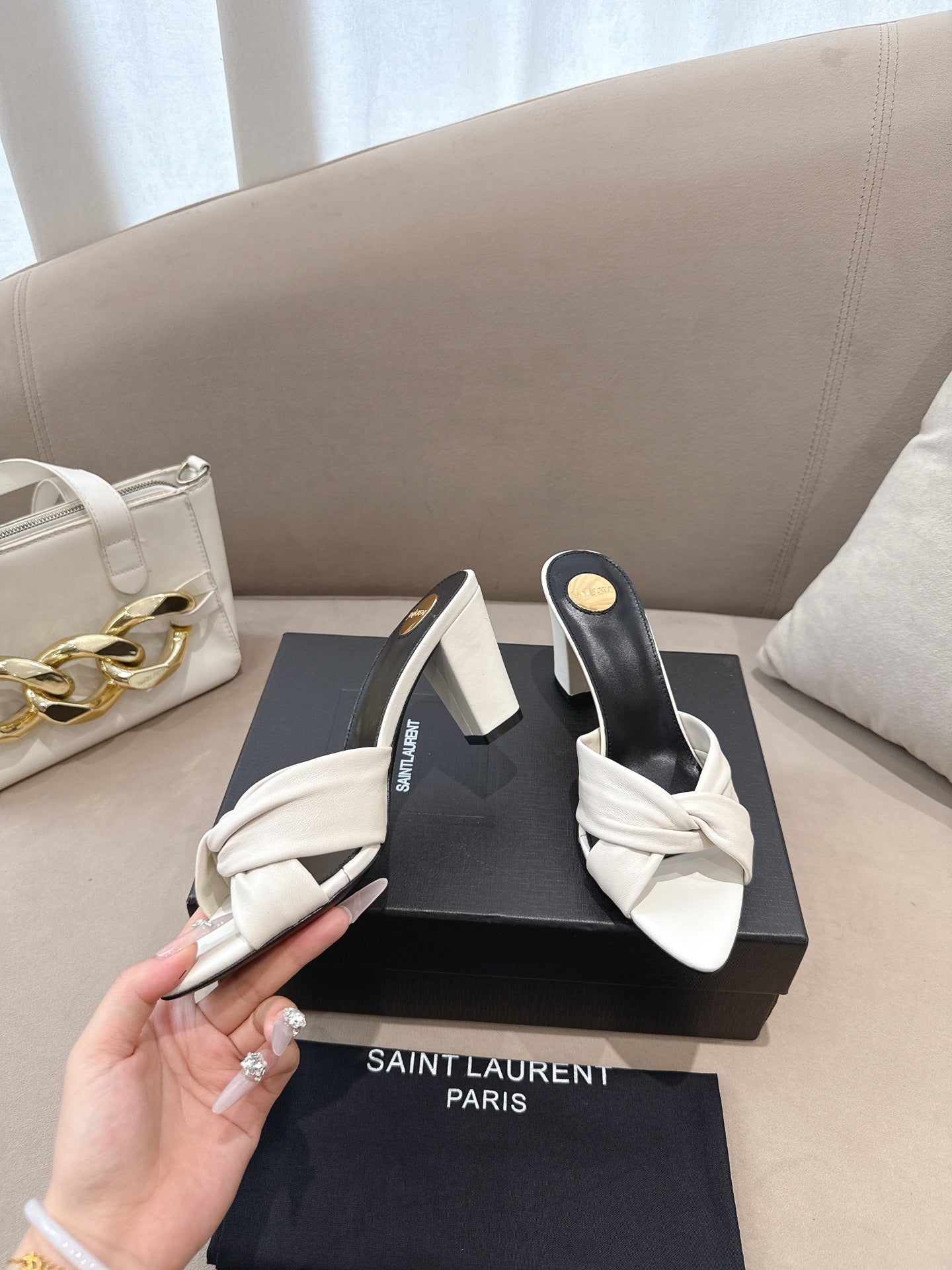 YSL Sandal Heel 75mm White in Lambskin 771707