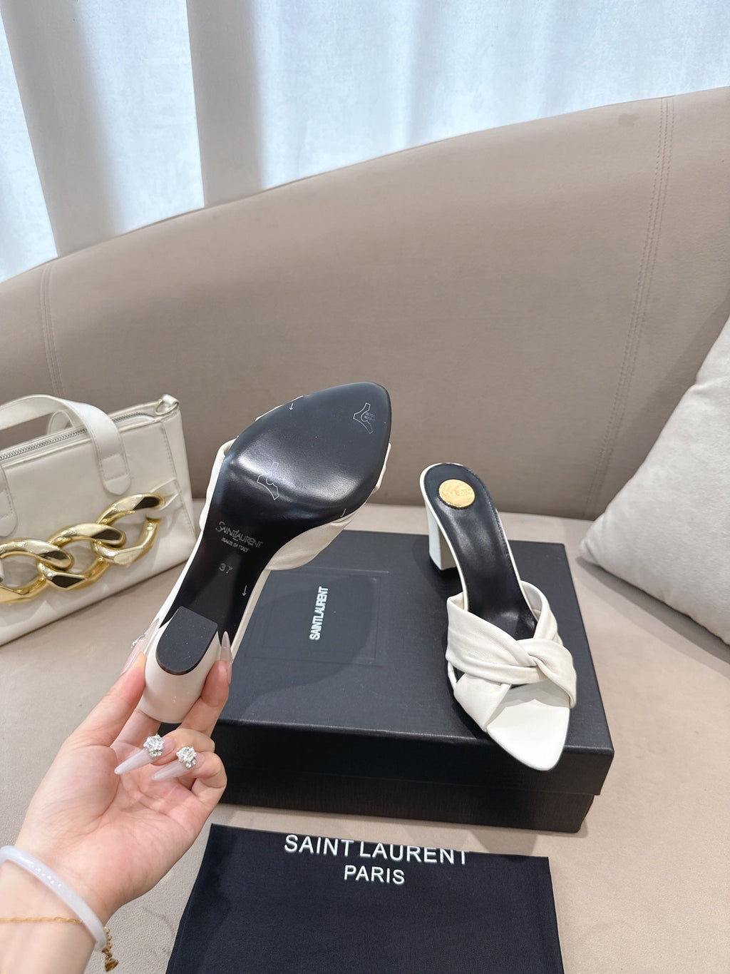 YSL Sandal Heel 75mm White in Lambskin 771707