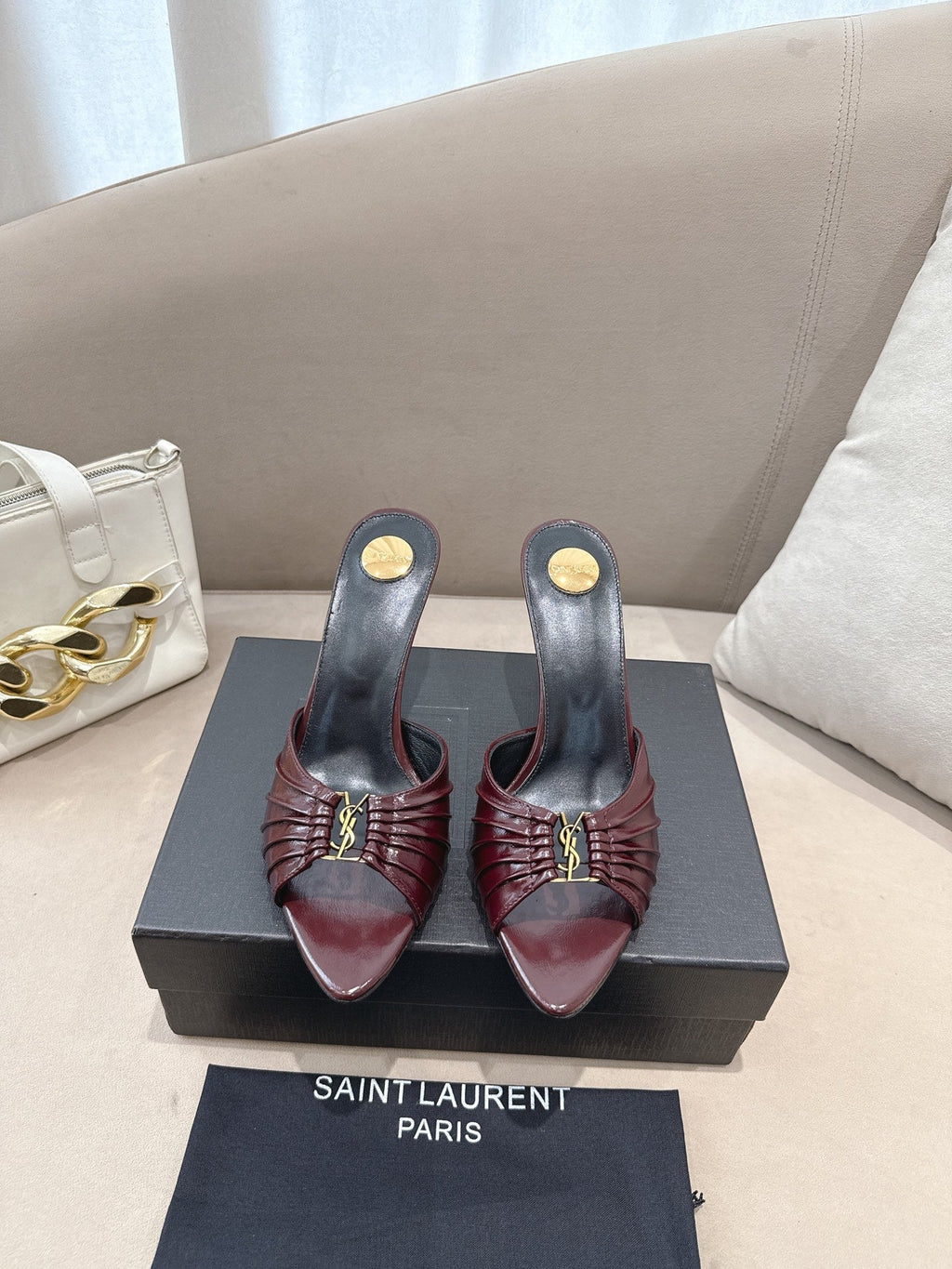 YSL Babylone Mules 90mm Burgundy in Supple Leather 771705