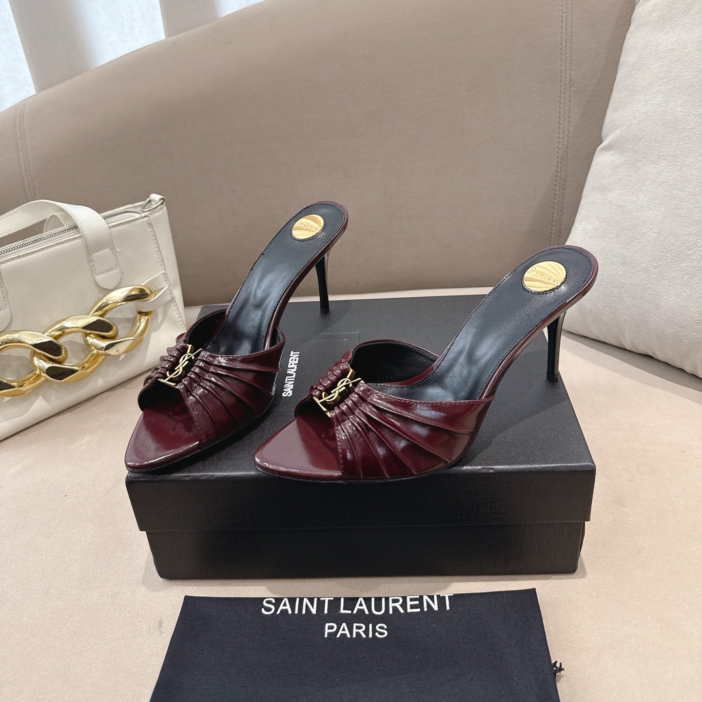YSL Babylone Mules 90mm Burgundy in Supple Leather 771705
