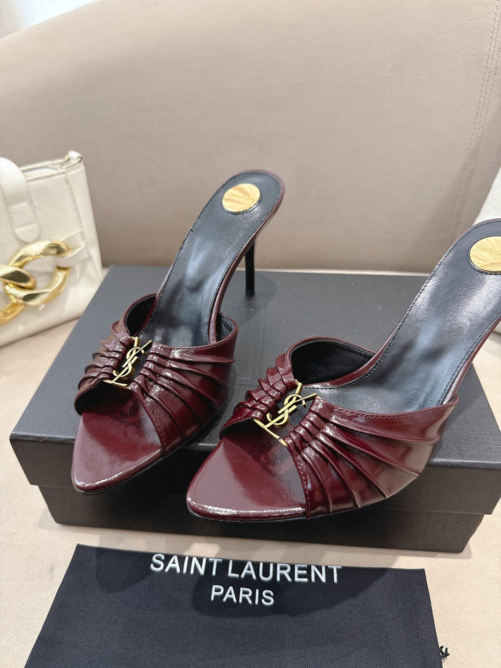 YSL Babylone Mules 90mm Burgundy in Supple Leather 771705