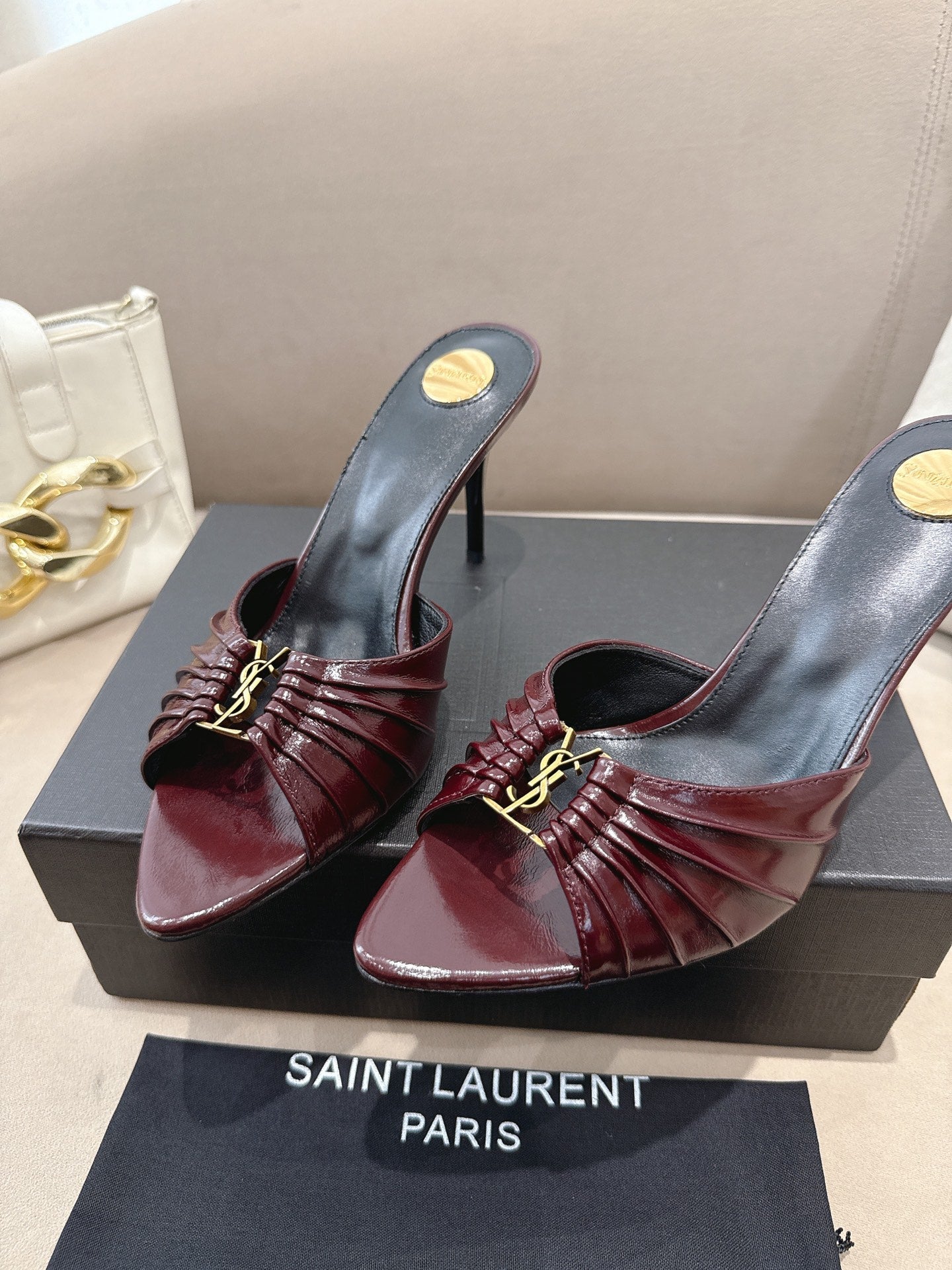 YSL Babylone Mules 90mm Burgundy in Supple Leather 771705