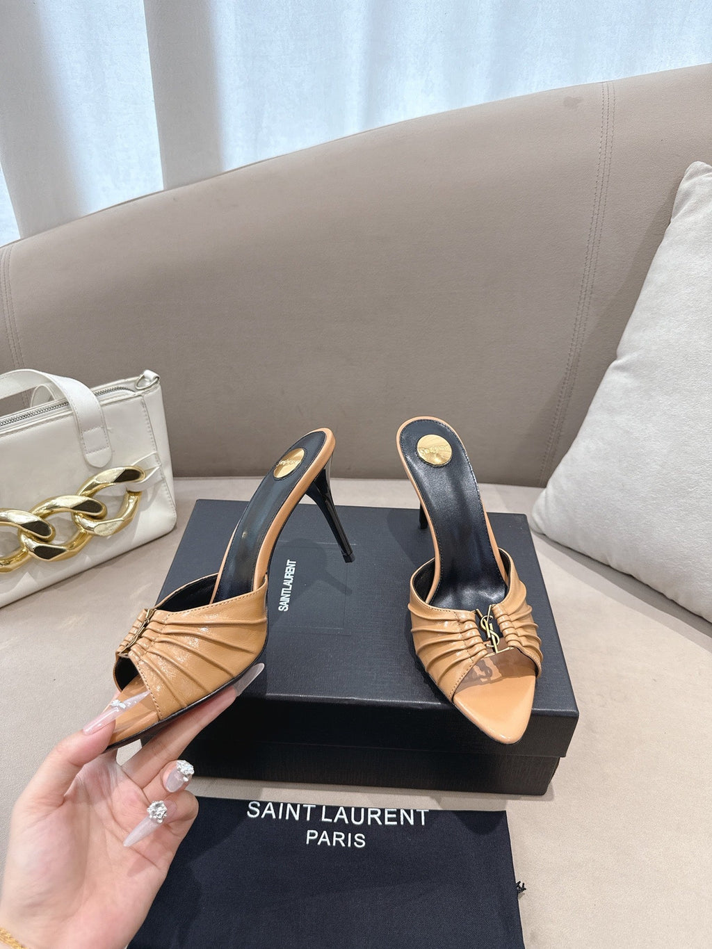 YSL Babylone Mules 90mm Light Brown in Supple Leather 771704