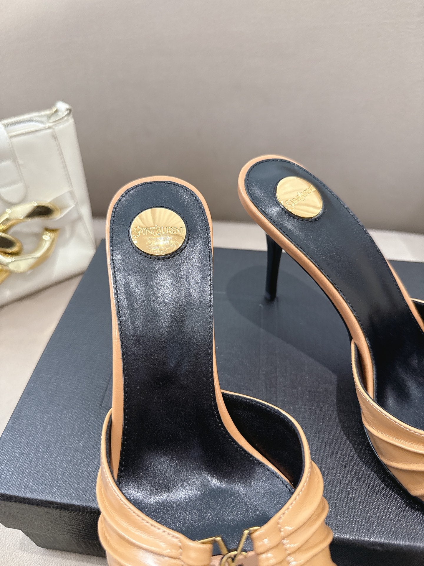 YSL Babylone Mules 90mm Light Brown in Supple Leather 771704