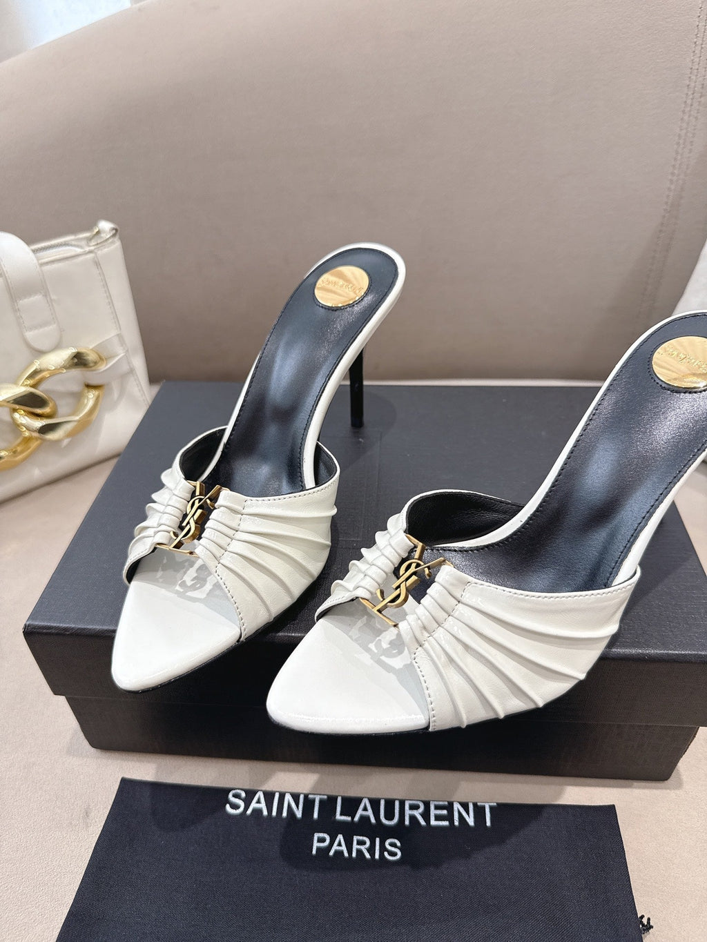 YSL Babylone Mules 90mm White in Supple Leather 771703