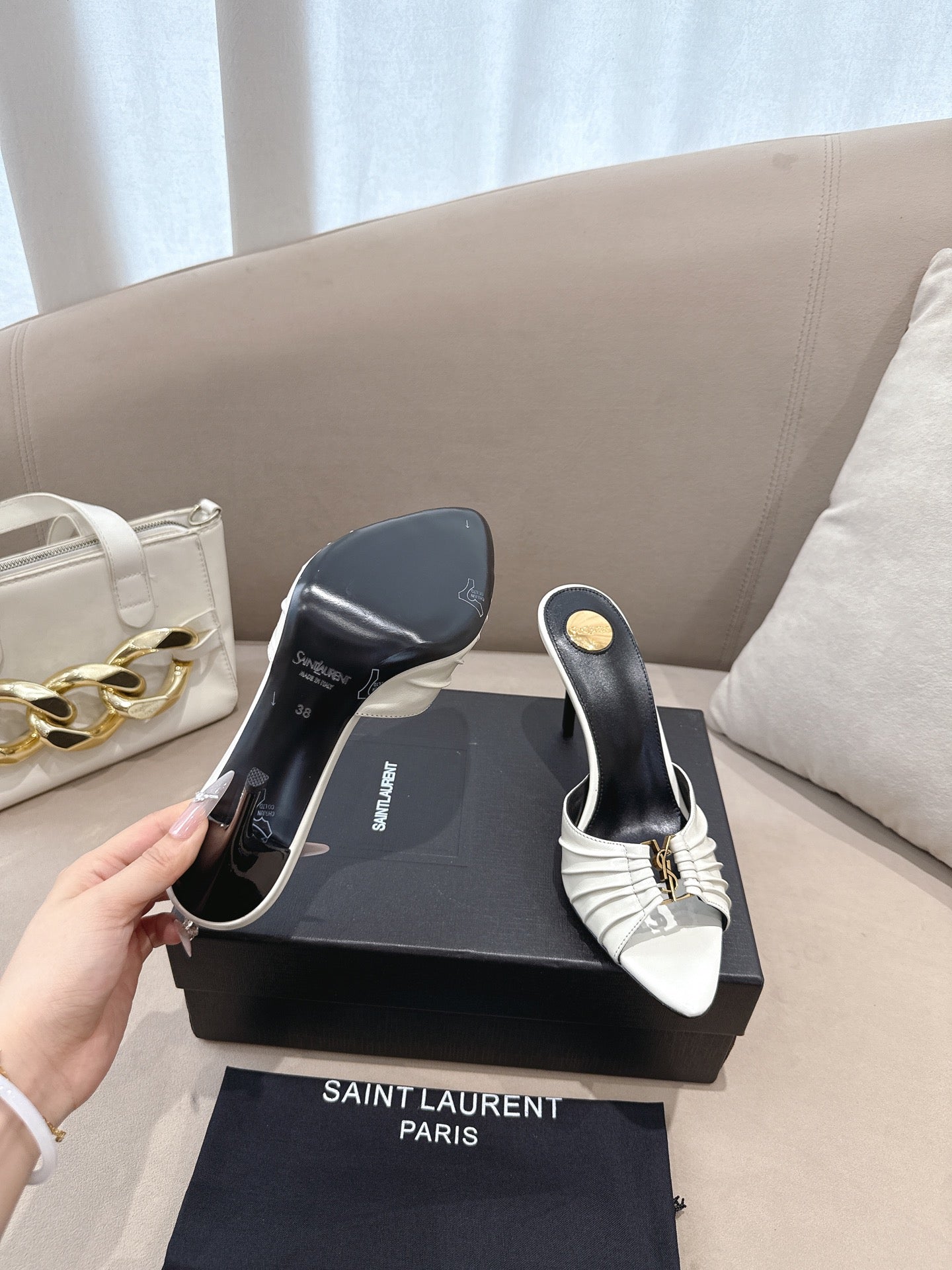 YSL Babylone Mules 90mm White in Supple Leather 771703