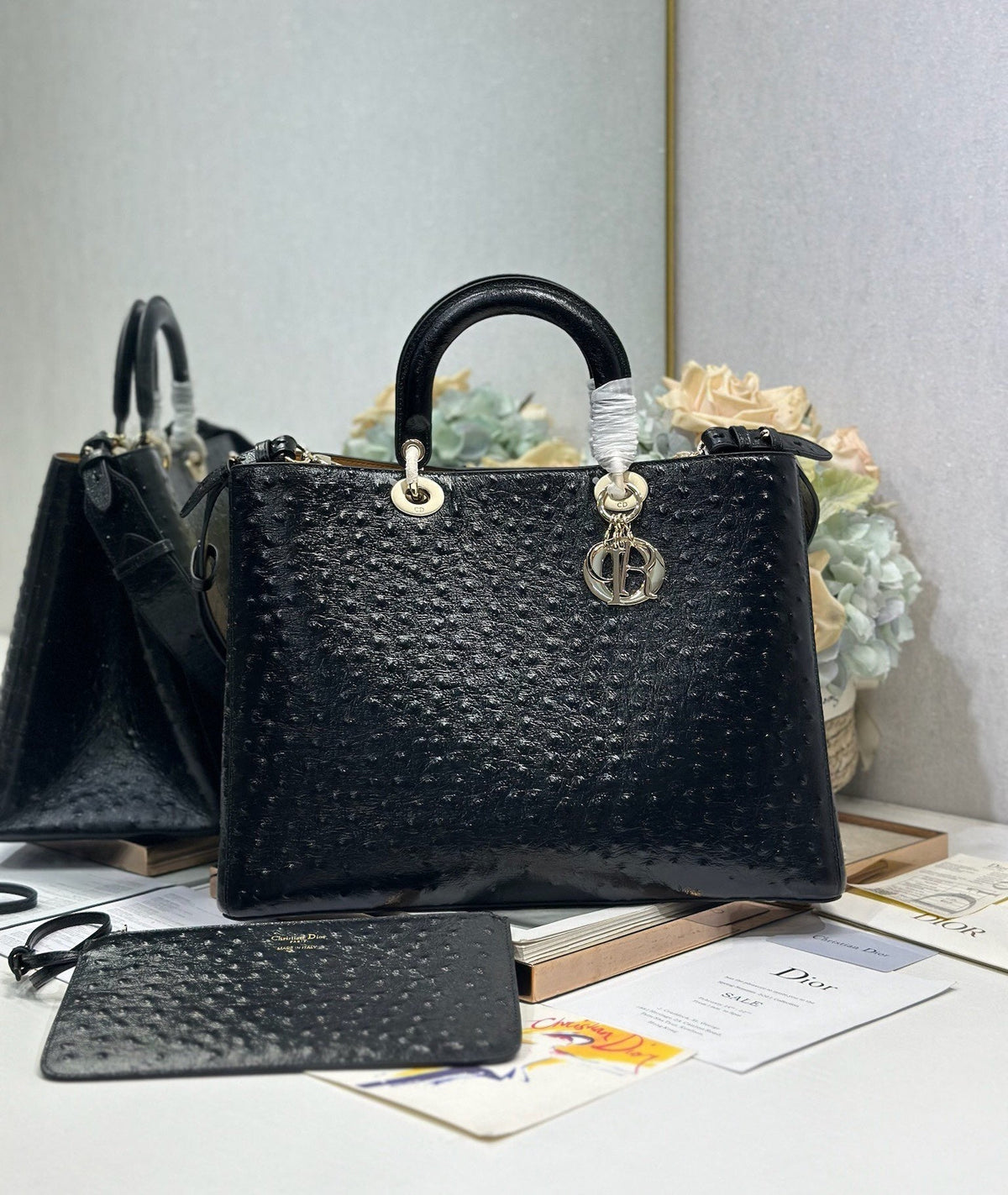 CD Diorissimo Black in Ostrich-patterned Cowhide 288204