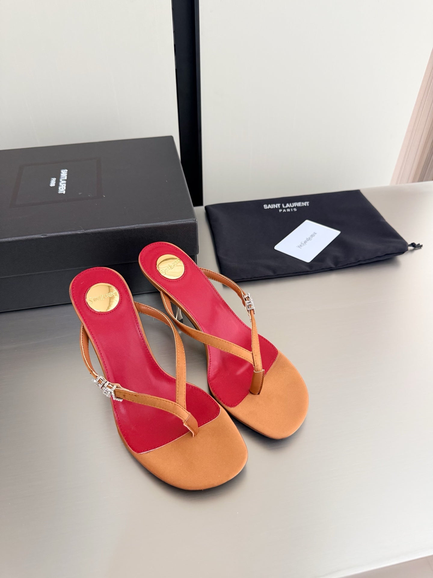 YSL Metal Heel 75mm with Side Rhinestone Buckle Logo Orange in Silk 784728
