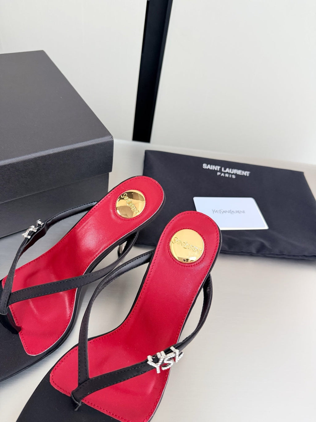 YSL Metal Heel 75mm with Side Rhinestone Buckle Logo Black in Silk 784727
