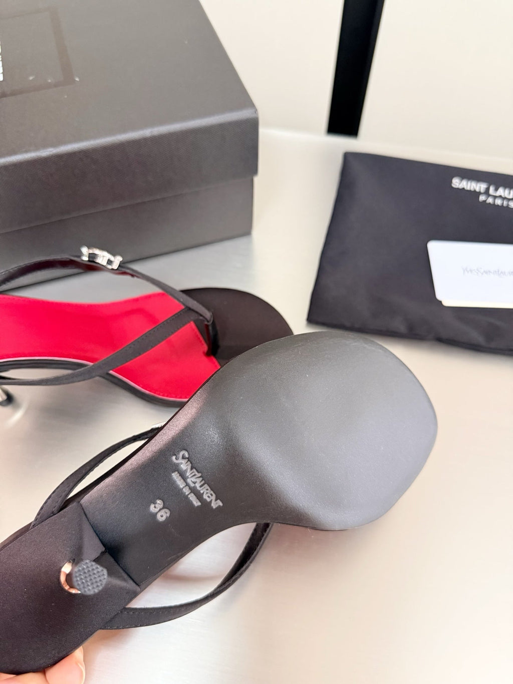 YSL Metal Heel 75mm with Side Rhinestone Buckle Logo Black in Silk 784727