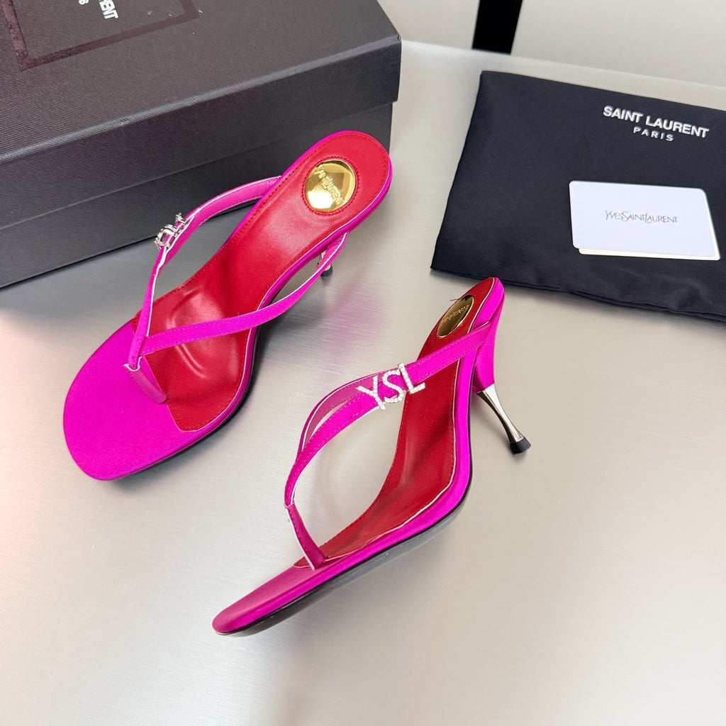 YSL Metal Heel 75mm with Side Rhinestone Buckle Logo Pink in Silk 784726