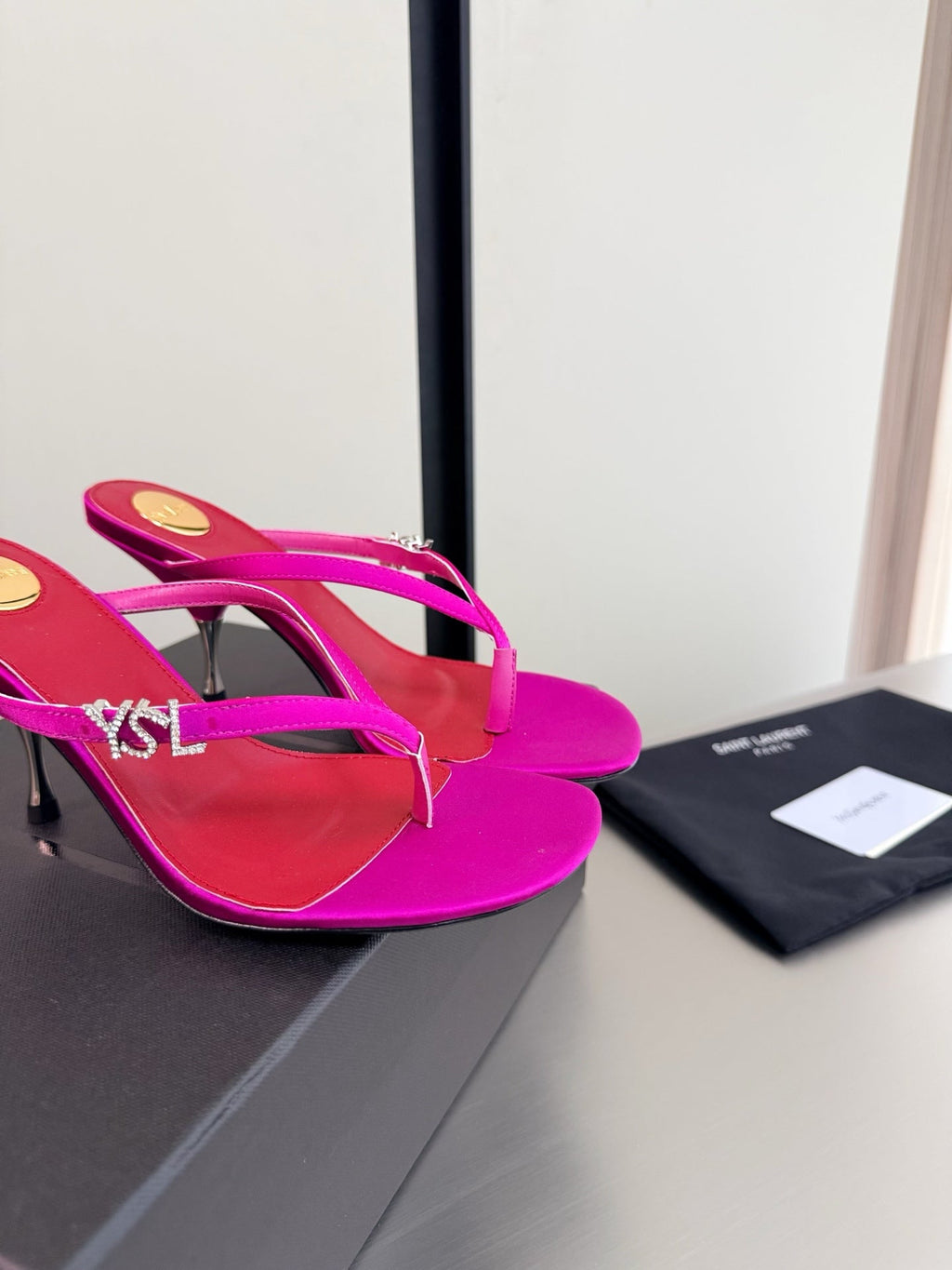 YSL Metal Heel 75mm with Side Rhinestone Buckle Logo Pink in Silk 784726