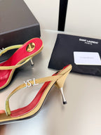 YSL Metal Heel 75mm with Side Rhinestone Buckle Logo Light Brown in Silk 784725