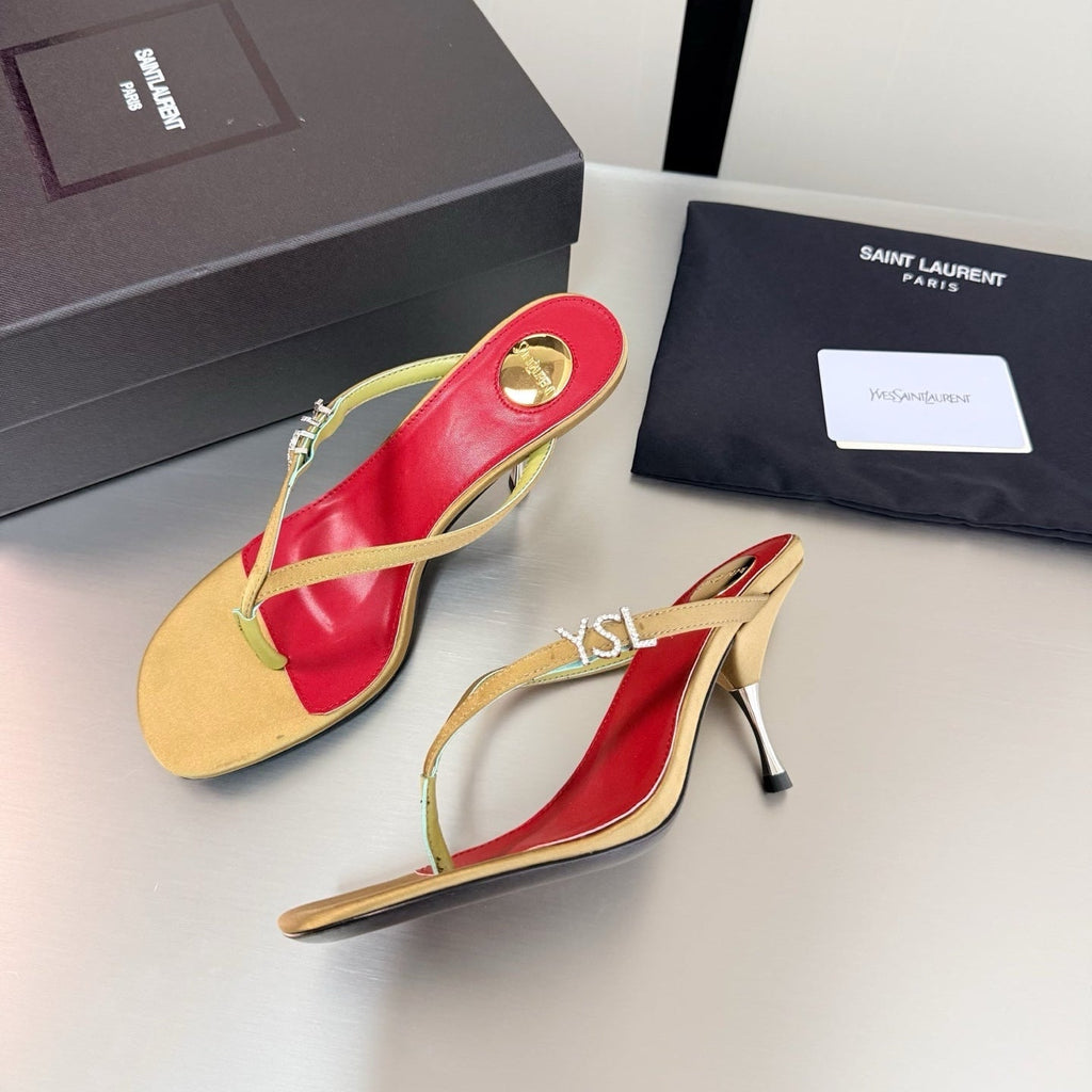 YSL Metal Heel 75mm with Side Rhinestone Buckle Logo Light Brown in Silk 784725
