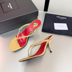 YSL Metal Heel 75mm with Side Rhinestone Buckle Logo Light Brown in Silk 784725