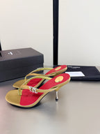 YSL Metal Heel 75mm with Side Rhinestone Buckle Logo Light Brown in Silk 784725