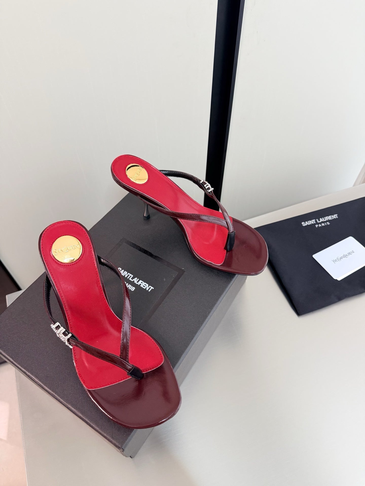 YSL Metal Heel 75mm with Side Rhinestone Buckle Logo Burgundy in Cowhide 784724