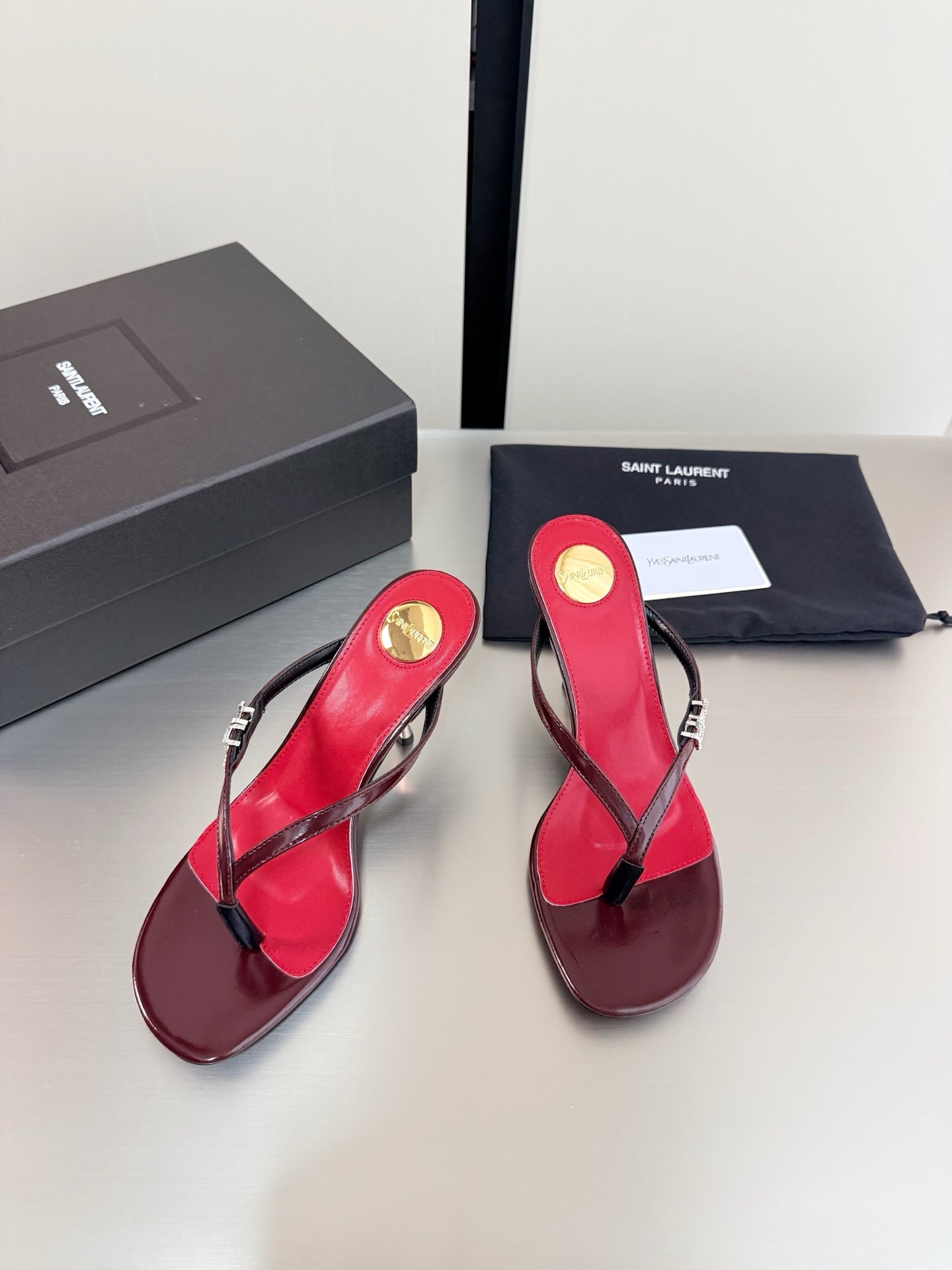 YSL Metal Heel 75mm with Side Rhinestone Buckle Logo Burgundy in Cowhide 784724