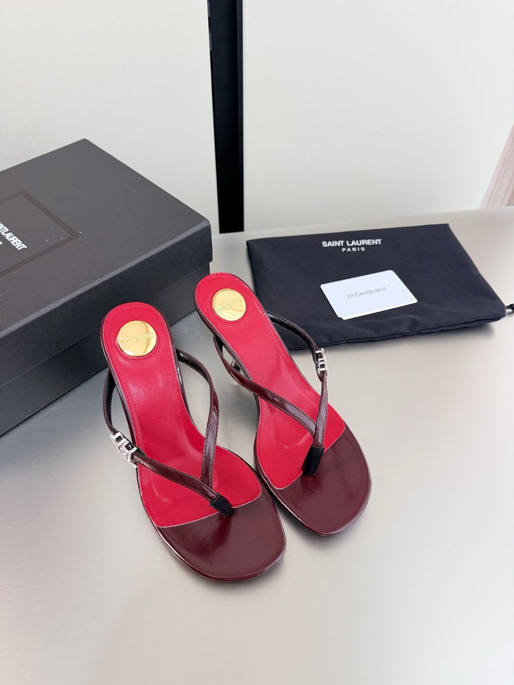 YSL Metal Heel 75mm with Side Rhinestone Buckle Logo Burgundy in Cowhide 784724