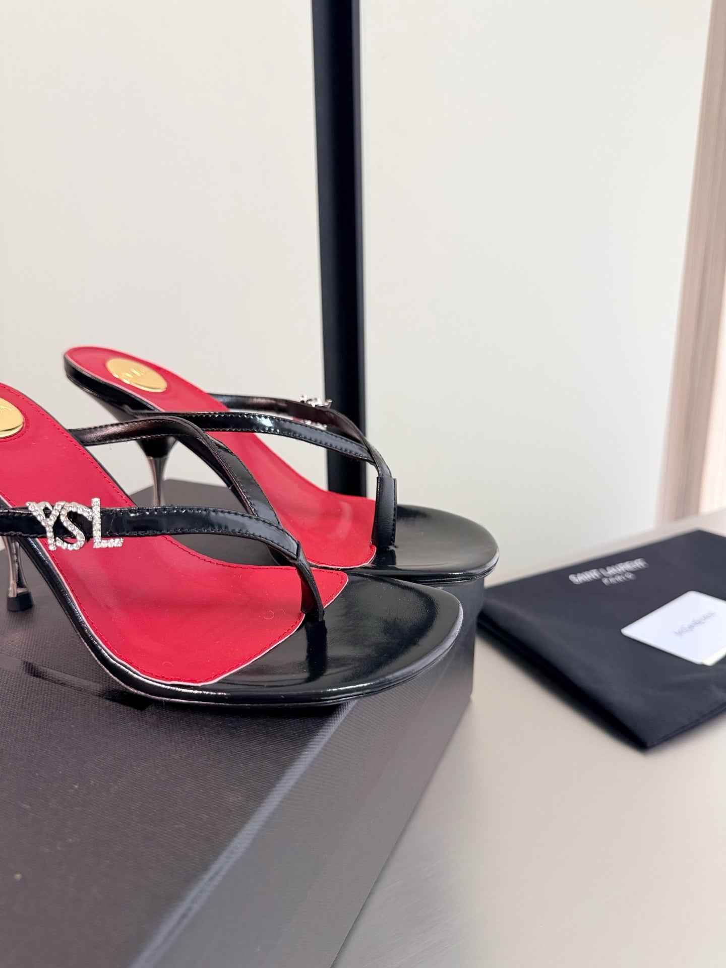 YSL Metal Heel 75mm with Side Rhinestone Buckle Logo Black in Cowhide 784723